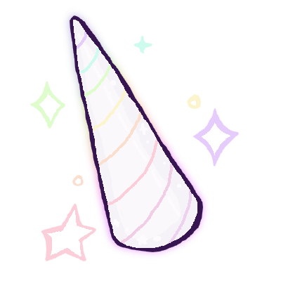 A white unicorn horn, with a subtle rainbow glitter sheen. It is surrounded by magical rainbow sparkles.